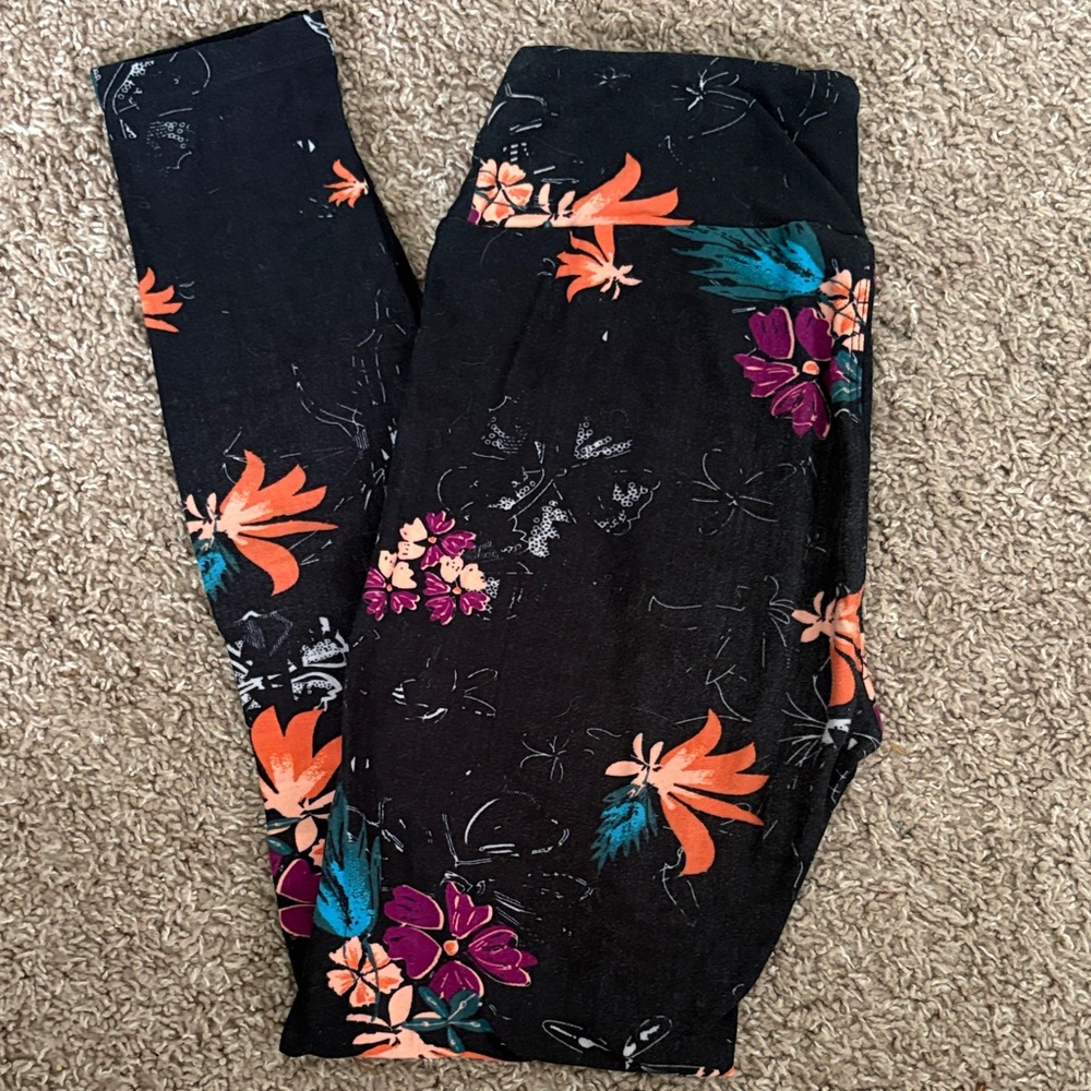 LuLaRoe Black Leggings with Orange & Purple Floral Print